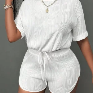 Summer minimalist round neck short sleeve dropped shoulder turned-up edge drawstring hem short top and body-shaping mini shorts - Image 6