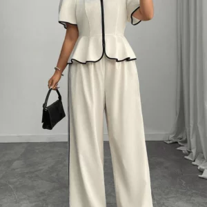 GIBSIE Plus Size Square Neck Puff Sleeve Ruffle Hem Top Women Summer Loose Wide Leg Pants Elegant Two 2 Piece Set Woman Outfit - Image 3