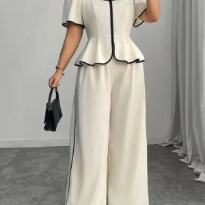 GIBSIE Plus Size Square Neck Puff Sleeve Ruffle Hem Top Women Summer Loose Wide Leg Pants Elegant Two 2 Piece Set Woman Outfit - Image 4