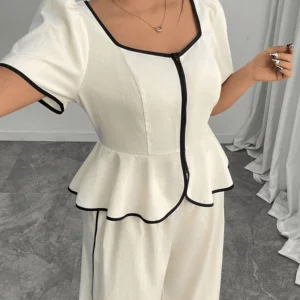 GIBSIE Plus Size Square Neck Puff Sleeve Ruffle Hem Top Women Summer Loose Wide Leg Pants Elegant Two 2 Piece Set Woman Outfit - Image 5