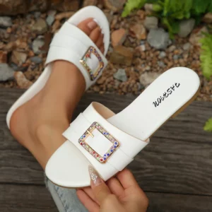 Women's Shoes New Fashion Slippers Classic Elegant Versatile Solid Color Metal Decoration Round Toe Flat Sandals - Image 2