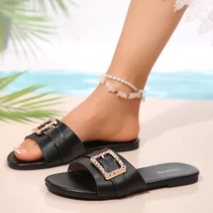 Women's Shoes New Fashion Slippers Classic Elegant Versatile Solid Color Metal Decoration Round Toe Flat Sandals - Image 3