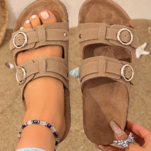 Women's All-Season Casual Simple Solid Color Pu Upper Cork-Patterned Flat Slip-On Sandals with Adjustable Round Buckle and Double Straps, Comfortable Beach Slide Sandals - Image 2