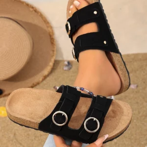 Women's All-Season Casual Simple Solid Color Pu Upper Cork-Patterned Flat Slip-On Sandals with Adjustable Round Buckle and Double Straps, Comfortable Beach Slide Sandals - Image 3