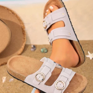 Women's All-Season Casual Simple Solid Color Pu Upper Cork-Patterned Flat Slip-On Sandals with Adjustable Round Buckle and Double Straps, Comfortable Beach Slide Sandals - Image 5