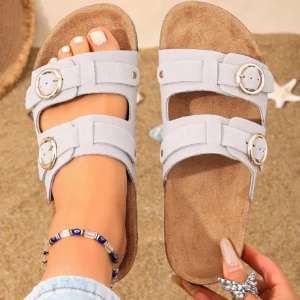 Women's All-Season Casual Simple Solid Color Pu Upper Cork-Patterned Flat Slip-On Sandals with Adjustable Round Buckle and Double Straps, Comfortable Beach Slide Sandals - Image 6