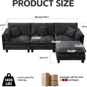 Opiesit Modular Sectional Sofa with Movable Ottoman, 110" 4-Seat Modern Couches for Living Room, Comfy L Shaped Couch Set with Deep Seat for Office and Apartment, Black Chenille Fabric - Image 2