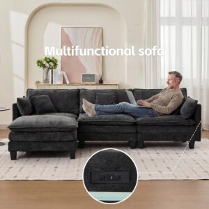 Opiesit Modular Sectional Sofa with Movable Ottoman, 110" 4-Seat Modern Couches for Living Room, Comfy L Shaped Couch Set with Deep Seat for Office and Apartment, Black Chenille Fabric - Image 3