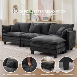Opiesit Modular Sectional Sofa with Movable Ottoman, 110" 4-Seat Modern Couches for Living Room, Comfy L Shaped Couch Set with Deep Seat for Office and Apartment, Black Chenille Fabric - Image 4