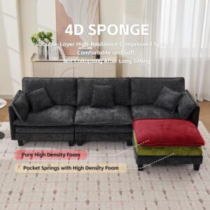 Opiesit Modular Sectional Sofa with Movable Ottoman, 110" 4-Seat Modern Couches for Living Room, Comfy L Shaped Couch Set with Deep Seat for Office and Apartment, Black Chenille Fabric - Image 6