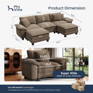 PHI VILLA Cloud Modular Couch Sets, 123.6" Sectional Sofa with U-Shaped Chaise, 5-Seater Couches with 2 Movable Ottomans for Living Room, Chenille Fabric, Taupe - Image 2