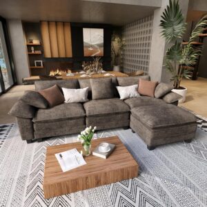 SUNSHINE VALLEY L Shaped Modular Cloud Couch, 123.6'' Comfy Chenille Sectional Sofa with Wider Armrest and Ottoman, Upholstered 4-Seat Modern Deep Seat for Bedroom Living Room, Taupe Gray - Image 1