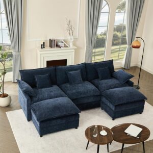 GOSUHI 108" U Shaped Couch, Modular Sectional Sofa, 3-Seater Comfy Cloud Couch, Set of Modular Pieces with Movable Ottoman, Deep Seat Couches for Living Room, Chenille, Navy - Image 1