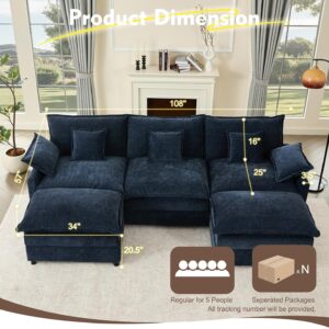 GOSUHI 108" U Shaped Couch, Modular Sectional Sofa, 3-Seater Comfy Cloud Couch, Set of Modular Pieces with Movable Ottoman, Deep Seat Couches for Living Room, Chenille, Navy - Image 2