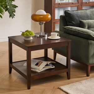 Side Table, Solid Wood Square End Table with Storage Shelf, 2-Tier Coffee Table for Living Room, Rubber Wood Small Sofa Table, Nightstand 23.62 H x 23.62 W x 23.62 D Inches (Walnut) - Image 1