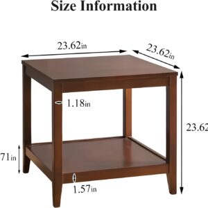 Side Table, Solid Wood Square End Table with Storage Shelf, 2-Tier Coffee Table for Living Room, Rubber Wood Small Sofa Table, Nightstand 23.62 H x 23.62 W x 23.62 D Inches (Walnut) - Image 4