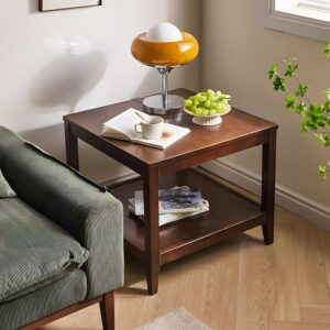 Side Table, Solid Wood Square End Table with Storage Shelf, 2-Tier Coffee Table for Living Room, Rubber Wood Small Sofa Table, Nightstand 23.62 H x 23.62 W x 23.62 D Inches (Walnut) - Image 3