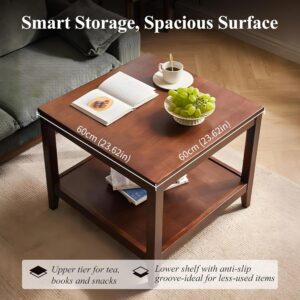 Side Table, Solid Wood Square End Table with Storage Shelf, 2-Tier Coffee Table for Living Room, Rubber Wood Small Sofa Table, Nightstand 23.62 H x 23.62 W x 23.62 D Inches (Walnut) - Image 2