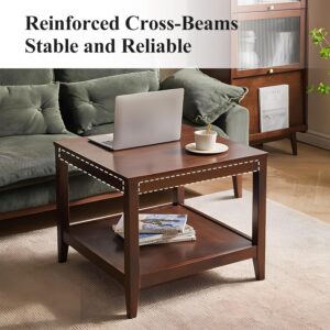 Side Table, Solid Wood Square End Table with Storage Shelf, 2-Tier Coffee Table for Living Room, Rubber Wood Small Sofa Table, Nightstand 23.62 H x 23.62 W x 23.62 D Inches (Walnut) - Image 5