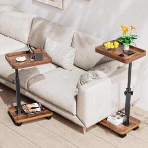 C Table End Table Adjustable Height, 360°Swivel TV Tray Table for Small Spaces, Side Tables with Wheels for Living Room and Bedroom, Bed (Walnut) - Image 3