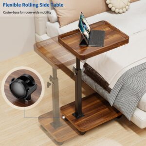 C Table End Table Adjustable Height, 360°Swivel TV Tray Table for Small Spaces, Side Tables with Wheels for Living Room and Bedroom, Bed (Walnut) - Image 4