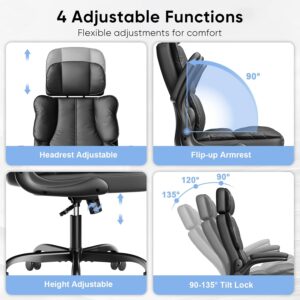 Kensaker Ergonomic Executive Office Chair with Adjustable Headrest & 90° Flip-Up Arms, High Back PU Leather Computer Desk Chair with 135° Rocking & Double Padding for Home Office Comfort, Black - Image 5