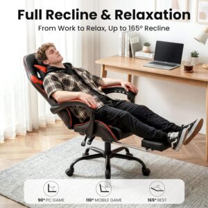 Gaming Chair, Ergonomic Computer Chair with Footrest and Lumbar Support, Height Adjustable Office Chair with 360° Swivel Seat and Headrest (Red & Black) - Image 3