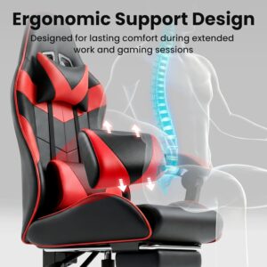 Gaming Chair, Ergonomic Computer Chair with Footrest and Lumbar Support, Height Adjustable Office Chair with 360° Swivel Seat and Headrest (Red & Black) - Image 5