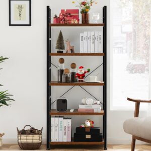 DUMOS 5 Tiers Bookshelf, Classical Modern Book Shelf, Tall Display Shelves in Living Room/Home/Office, Storage Organizer for CDs/Books/Movies, Rustic Brown - Image 2