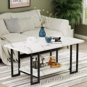 Marble Coffee Table, Faux Marble Top Rectangular Coffee Table with Black Metal Frame, 2 Tier Living Room Table for Living Room, Office, Balcony, White, 40 Inch - Image 7