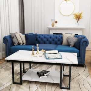 Marble Coffee Table, Faux Marble Top Rectangular Coffee Table with Black Metal Frame, 2 Tier Living Room Table for Living Room, Office, Balcony, White, 40 Inch - Image 2