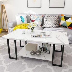 Marble Coffee Table, Faux Marble Top Rectangular Coffee Table with Black Metal Frame, 2 Tier Living Room Table for Living Room, Office, Balcony, White, 40 Inch - Image 3