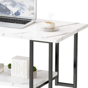 Marble Coffee Table, Faux Marble Top Rectangular Coffee Table with Black Metal Frame, 2 Tier Living Room Table for Living Room, Office, Balcony, White, 40 Inch - Image 4