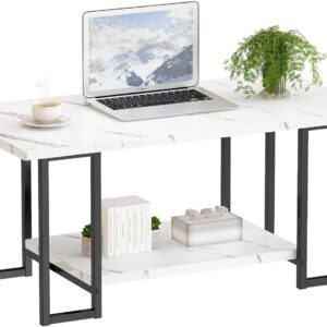 Marble Coffee Table, Faux Marble Top Rectangular Coffee Table with Black Metal Frame, 2 Tier Living Room Table for Living Room, Office, Balcony, White, 40 Inch - Image 5