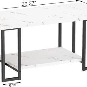 Marble Coffee Table, Faux Marble Top Rectangular Coffee Table with Black Metal Frame, 2 Tier Living Room Table for Living Room, Office, Balcony, White, 40 Inch - Image 6