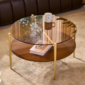 Shrine Round Glass Coffee Table, Mid-Century Modern Design, D30 x H17 in, 2-Tier Structure, Amber Glass Top and Walnut MDF Shelf, Sleek Conical Metal Legs with Gold Finish - Image 1