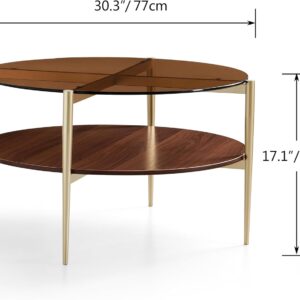 Shrine Round Glass Coffee Table, Mid-Century Modern Design, D30 x H17 in, 2-Tier Structure, Amber Glass Top and Walnut MDF Shelf, Sleek Conical Metal Legs with Gold Finish - Image 2