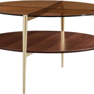 Shrine Round Glass Coffee Table, Mid-Century Modern Design, D30 x H17 in, 2-Tier Structure, Amber Glass Top and Walnut MDF Shelf, Sleek Conical Metal Legs with Gold Finish - Image 3