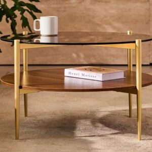 Shrine Round Glass Coffee Table, Mid-Century Modern Design, D30 x H17 in, 2-Tier Structure, Amber Glass Top and Walnut MDF Shelf, Sleek Conical Metal Legs with Gold Finish - Image 4