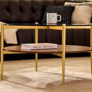 Shrine Round Glass Coffee Table, Mid-Century Modern Design, D30 x H17 in, 2-Tier Structure, Amber Glass Top and Walnut MDF Shelf, Sleek Conical Metal Legs with Gold Finish - Image 5
