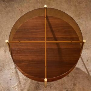 Shrine Round Glass Coffee Table, Mid-Century Modern Design, D30 x H17 in, 2-Tier Structure, Amber Glass Top and Walnut MDF Shelf, Sleek Conical Metal Legs with Gold Finish - Image 6