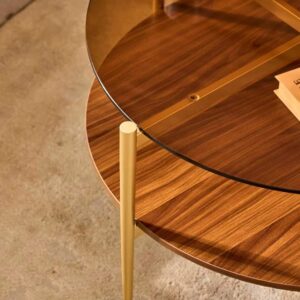 Shrine Round Glass Coffee Table, Mid-Century Modern Design, D30 x H17 in, 2-Tier Structure, Amber Glass Top and Walnut MDF Shelf, Sleek Conical Metal Legs with Gold Finish - Image 8
