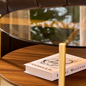 Shrine Round Glass Coffee Table, Mid-Century Modern Design, D30 x H17 in, 2-Tier Structure, Amber Glass Top and Walnut MDF Shelf, Sleek Conical Metal Legs with Gold Finish - Image 9