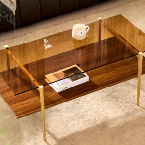 Shrine Rectangle Coffee Table, Mid-Century Modern Design, 2-Tier Structure, Amber Glass Top and Walnut MDF Shelf, 41" D x 21" W x 17" H, Sleek Conical Metal Legs with Gold Finish - Image 2