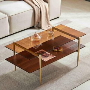 Shrine Rectangle Coffee Table, Mid-Century Modern Design, 2-Tier Structure, Amber Glass Top and Walnut MDF Shelf, 41" D x 21" W x 17" H, Sleek Conical Metal Legs with Gold Finish - Image 1