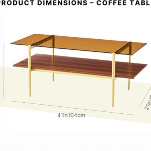 Shrine Rectangle Coffee Table, Mid-Century Modern Design, 2-Tier Structure, Amber Glass Top and Walnut MDF Shelf, 41" D x 21" W x 17" H, Sleek Conical Metal Legs with Gold Finish - Image 10