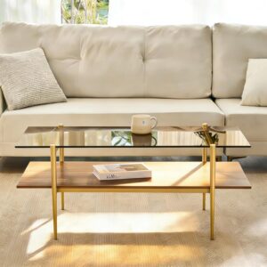Shrine Rectangle Coffee Table, Mid-Century Modern Design, 2-Tier Structure, Amber Glass Top and Walnut MDF Shelf, 41" D x 21" W x 17" H, Sleek Conical Metal Legs with Gold Finish - Image 9