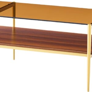 Shrine Rectangle Coffee Table, Mid-Century Modern Design, 2-Tier Structure, Amber Glass Top and Walnut MDF Shelf, 41" D x 21" W x 17" H, Sleek Conical Metal Legs with Gold Finish - Image 8