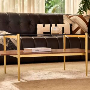 Shrine Rectangle Coffee Table, Mid-Century Modern Design, 2-Tier Structure, Amber Glass Top and Walnut MDF Shelf, 41" D x 21" W x 17" H, Sleek Conical Metal Legs with Gold Finish - Image 7