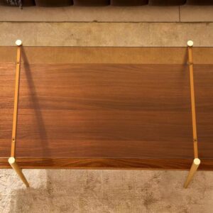 Shrine Rectangle Coffee Table, Mid-Century Modern Design, 2-Tier Structure, Amber Glass Top and Walnut MDF Shelf, 41" D x 21" W x 17" H, Sleek Conical Metal Legs with Gold Finish - Image 6
